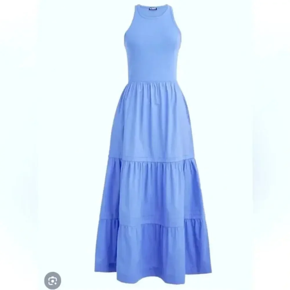 J Crew Vintage Rib High-Neck Cutaway Tank Dress with Poplin Skirt Blue Sz S